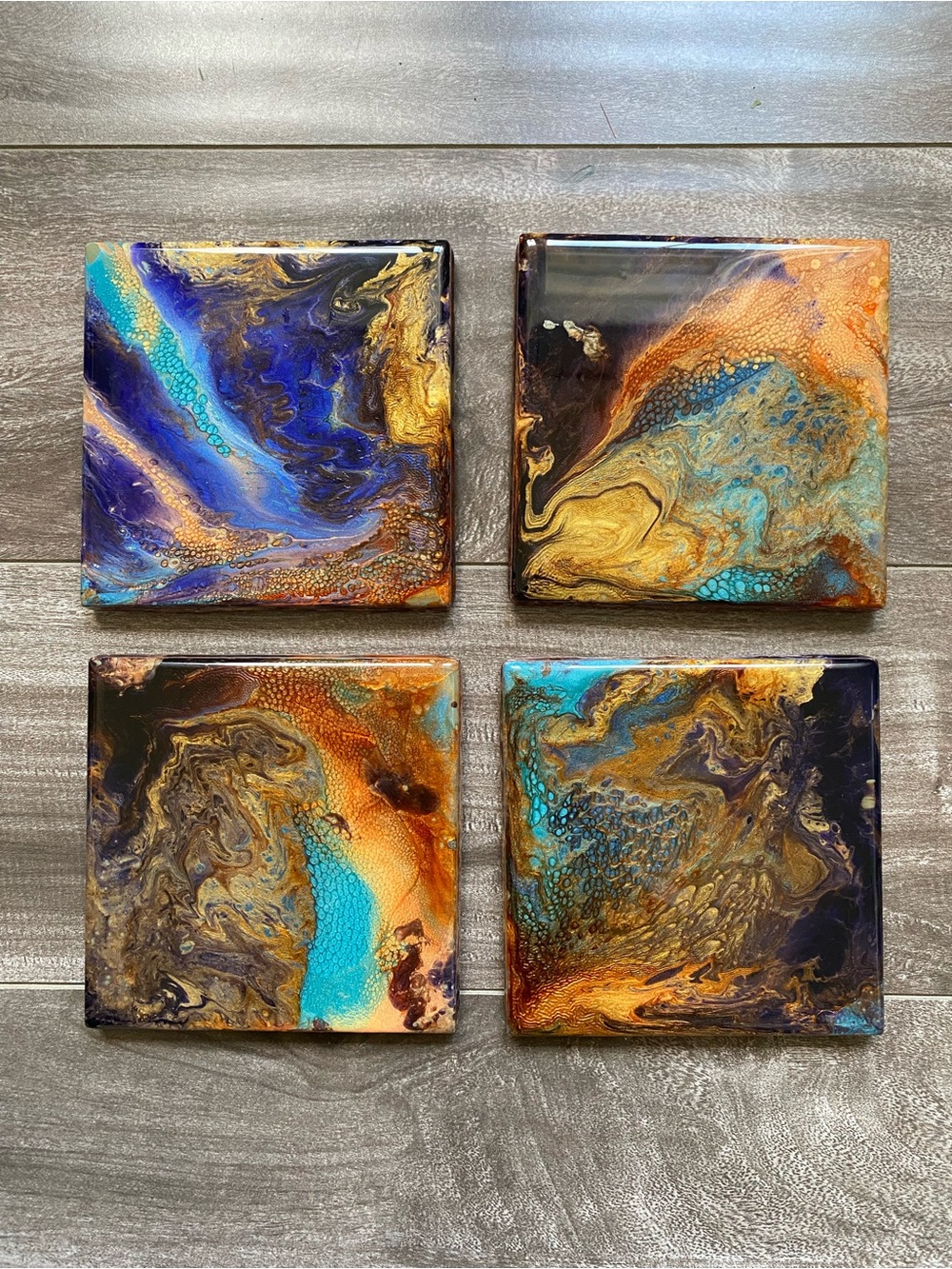 Abstract Fluid Art Coaster Set - Blue & Gold Home Art